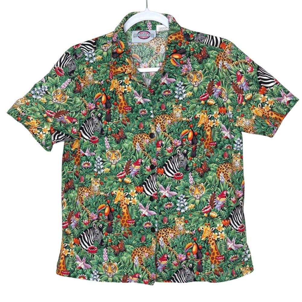 Vtg Conversation Pieces Jungle Safari Shirt Small Cotton Animals Goblincore Top